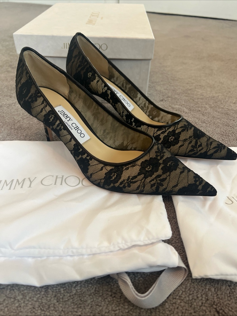 Jimmy Choo Black Lace Love Pointed Toe Pumps Size 38